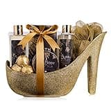 Accentra - Geschenkset Frauen Vanille-Mandelduft - Luxury Beauty Set mit Duschgel, Badesalz, Bodylotion, Scrub & Netzschwamm etc. – 9-Teiliges Bade Set für Frauen mit Glitzer Keramik-Stiletto