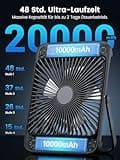 Warmco 20000mAh Akku Camping Ventilator 27cm mit Lampe, 15-48 Std. Laufzeit, Ultra-Leise, Ultraflach, Display, Haken, USB Tischventilator für Zelt, Outdoor, Reisen, Büro, Wohnmobil, Schlafzimmer