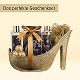 Accentra - Geschenkset Frauen Vanille-Mandelduft - Luxury Beauty Set mit Duschgel, Badesalz, Bodylotion, Scrub & Netzschwamm etc. – 9-Teiliges Bade Set für Frauen mit Glitzer Keramik-Stiletto