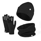 Baynetin Mütze Schal & Handschuh-Sets 3in1 Unisex BeanieMütze Touchscreen Handschuhe und Loop Schal Set mit Weiches Fleecefutter für Outdoor Sport Joggen Skifahren (Schwarz)